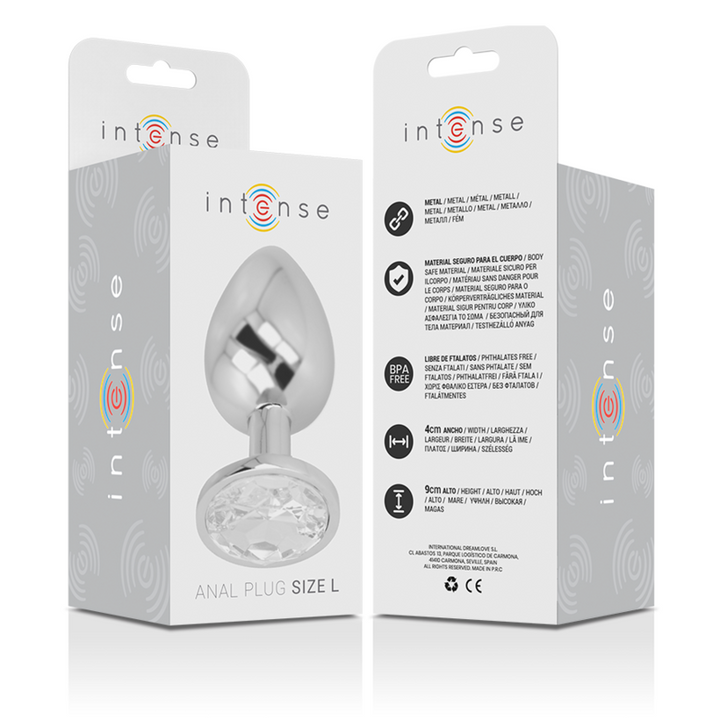 INTENSE - ALUMINUM METAL ANAL PLUG WITH SILVER CRYSTAL SIZE L