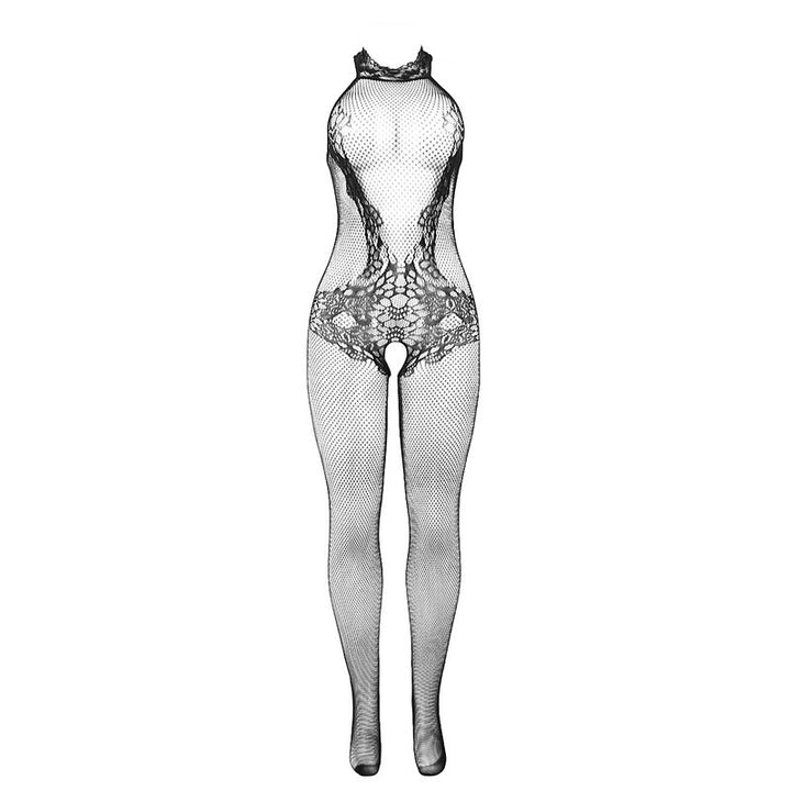 SUBBLIME - 951801 FISHNET AND LACE CROTCHLESS BODYSTOCKING WITH HIGH NECK BLACK ONE SIZE
