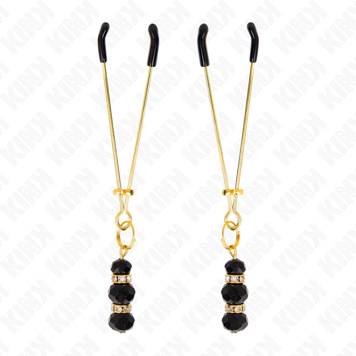 KINK - GOLD THIN NIPPLE CLAMPS WITH 3 BLACK GLASS BEADS 7 CM