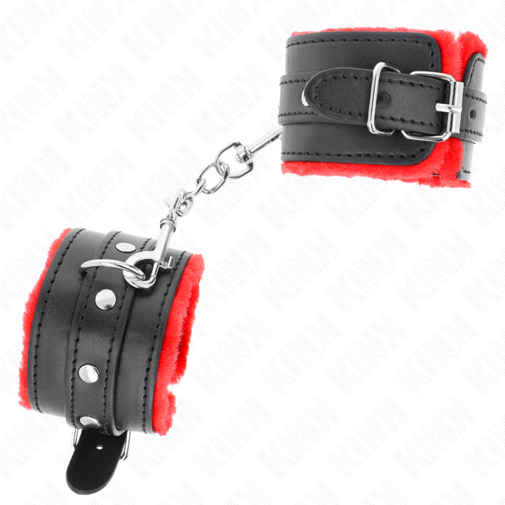KINK - PREMIUM FUR LINED WRIST RESTRAINTS RED WITH BLACK BELT ADJUSTABLE 17-29 CM X 6 CM