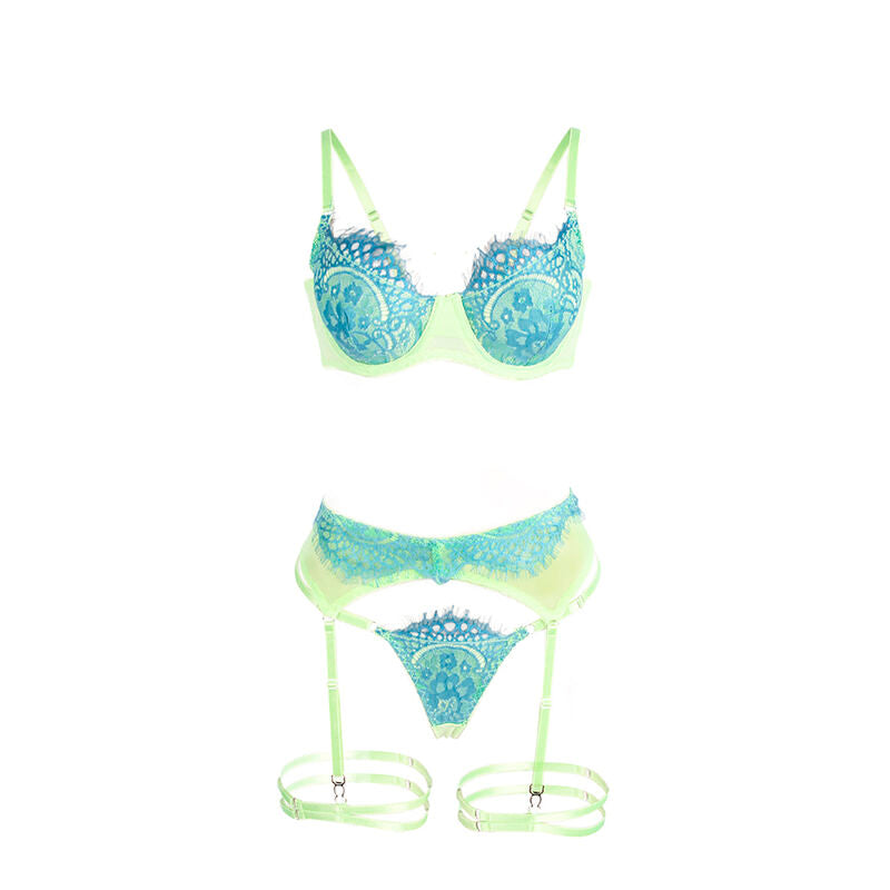 SUBBLIME - 955311 SET OF BRA WITH LACE AND GARTER LINES GREEN AND BLUE S/M