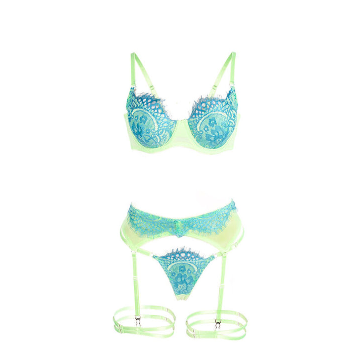 SUBBLIME - 955311 SET OF BRA WITH LACE AND GARTER LINES GREEN AND BLUE S/M