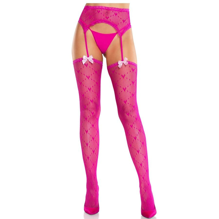 LEG AVENUE - HEART STOCKINGS WITH GARTERS MAGENTA