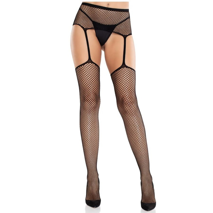 LEG AVENUE - LACE STOCKINGS WITH CROSS AND GARTER BELT BLACK