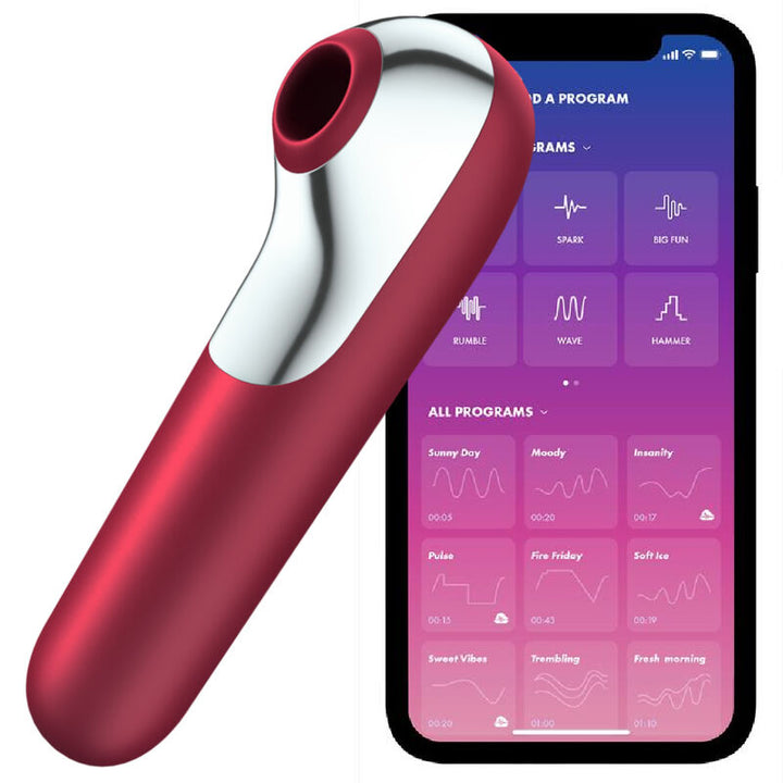 SATISFYER - DOUBLE VIBRATEUR D'AMOUR ET VENTOUSE À AIR PULSE ROUGE